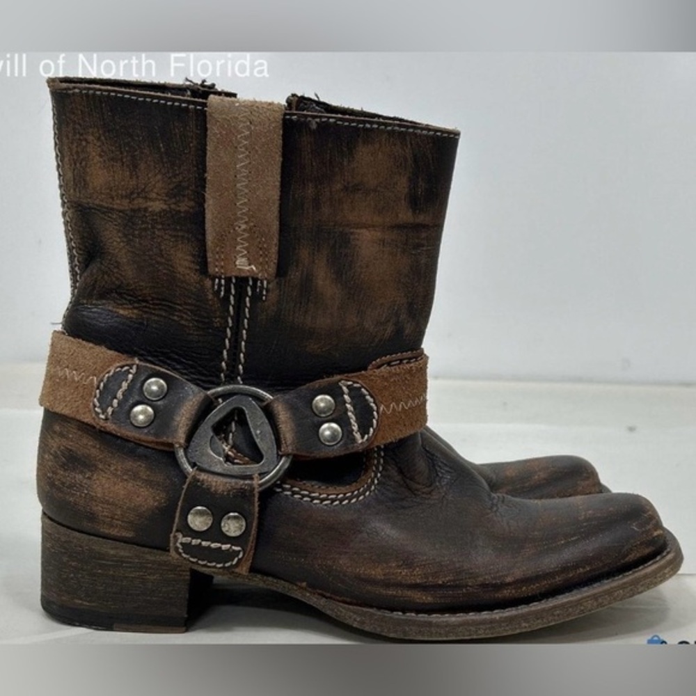Bed Stu Distressed Brown Leather Ankle Boots w/ Bottle Opener Harness Size 6.5